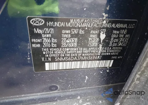 2021 Hyundai Santa Fe Sel из США, поврежденный, VIN 5NMS6DAJ7MH369482
